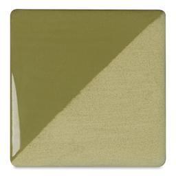 Speedball Ceramic Underglaze - Avocado, Opaque, fired on white clay bisque tiles, half covered in Speedball Clear Glaze, fired to cone 05