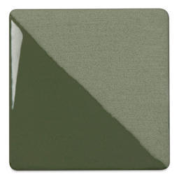 Speedball Ceramic Underglaze - Pine, Opaque, fired on white clay bisque tiles, half covered in Speedball Clear Glaze, fired to cone 05