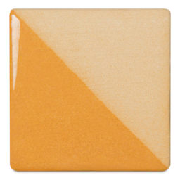 Speedball Ceramic Underglaze - Tan, Opaque, fired on white clay bisque tiles, half covered in Speedball Clear Glaze, fired to cone 05