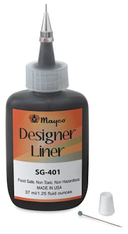 Mayco Designer Liners - Front of Black 1.25 oz bottle shown uncapped to show metal tip
