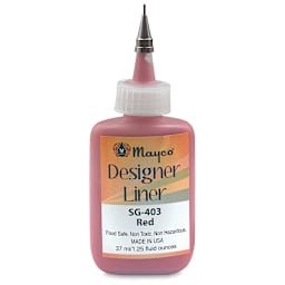 Mayco Designer Liners - Front of Red 1.25 oz bottle shown uncapped to show metal tip