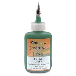 Mayco Designer Liners - Front of Green 1.25 oz bottle shown uncapped to show metal tip