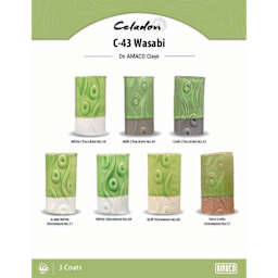 Celadon C-43 Wasabi On AMACO Clays. White Chocolate No. 16, Milk Chocolate No. 30, Dark Chocolate No. 32, A-Mix White Stoneware No. 11, White Stoneware No. 38, Buff Stoneware No. 46, Terra Cotta Stoneware No. 77, 3 Coats.