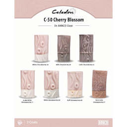 Celadon C-50 Cherry Blossom On AMACO Clays. White Chocolate No. 16, Milk Chocolate No. 30, Dark Chocolate No. 32, A-Mix White Stoneware No. 11, White Stoneware No. 38, Buff Stoneware No. 46, Terra Cotta Stoneware No. 77, 3 Coats.