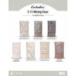 Celadon C-11 Mixing Clear On AMACO Clays. White Chocolate No. 16, Milk Chocolate No. 30, Dark Chocolate No. 32, A-Mix White Stoneware No. 11, White Stoneware No. 38, Buff Stoneware No. 46, Terra Cotta Stoneware No. 77, 3 Coats.