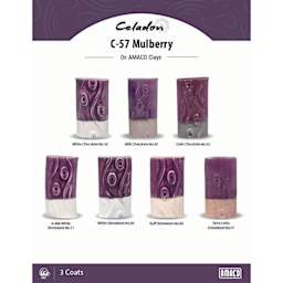 Celadon C-57 Mulberry On AMACO Clays. White Chocolate No. 16, Milk Chocolate No. 30, Dark Chocolate No. 32, A-Mix White Stoneware No. 11, White Stoneware No. 38, Buff Stoneware No. 46, Terra Cotta Stoneware No. 77, 3 Coats.