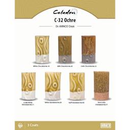 Celadon C-32 Ochre On AMACO Clays. White Chocolate No. 16, Milk Chocolate No. 30, Dark Chocolate No. 32, A-Mix White Stoneware No. 11, White Stoneware No. 38, Buff Stoneware No. 46, Terra Cotta Stoneware No. 77, 3 Coats.