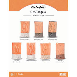 Celadon C-65 Tangelo On AMACO Clays. White Chocolate No. 16, Milk Chocolate No. 30, Dark Chocolate No. 32, A-Mix White Stoneware No. 11, White Stoneware No. 38, Buff Stoneware No. 46, Terra Cotta Stoneware No. 77, 3 Coats.