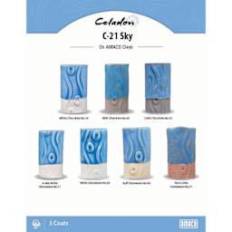 Celadon C-21 Sky On AMACO Clays. White Chocolate No. 16, Milk Chocolate No. 30, Dark Chocolate No. 32, A-Mix White Stoneware No. 11, White Stoneware No. 38, Buff Stoneware No. 46, Terra Cotta Stoneware No. 77, 3 Coats.