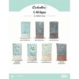Celadon C-40 Aqua On AMACO Clays. White Chocolate No. 16, Milk Chocolate No. 30, Dark Chocolate No. 32, A-Mix White Stoneware No. 11, White Stoneware No. 38, Buff Stoneware No. 46, Terra Cotta Stoneware No. 77, 3 Coats.