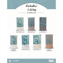 Celadon C-22 Fog On AMACO Clays. White Chocolate No. 16, Milk Chocolate No. 30, Dark Chocolate No. 32, A-Mix White Stoneware No. 11, White Stoneware No. 38, Buff Stoneware No. 46, Terra Cotta Stoneware No. 77, 3 Coats.