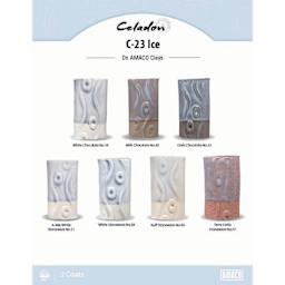 Celadon C-23 Ice On AMACO Clays. White Chocolate No. 16, Milk Chocolate No. 30, Dark Chocolate No. 32, A-Mix White Stoneware No. 11, White Stoneware No. 38, Buff Stoneware No. 46, Terra Cotta Stoneware No. 77, 3 Coats.