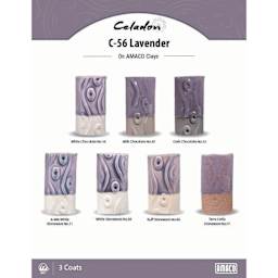 Celadon C-56 Lavender On AMACO Clays. White Chocolate No. 16, Milk Chocolate No. 30, Dark Chocolate No. 32, A-Mix White Stoneware No. 11, White Stoneware No. 38, Buff Stoneware No. 46, Terra Cotta Stoneware No. 77, 3 Coats.