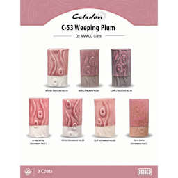 Celadon C-53 Weeping Plum On AMACO Clays. White Chocolate No. 16, Milk Chocolate No. 30, Dark Chocolate No. 32, A-Mix White Stoneware No. 11, White Stoneware No. 38, Buff Stoneware No. 46, Terra Cotta Stoneware No. 77, 3 Coats.