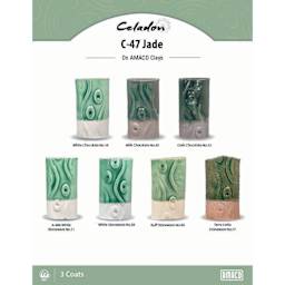 Celadon C-47 Jade On AMACO Clays. White Chocolate No. 16, Milk Chocolate No. 30, Dark Chocolate No. 32, A-Mix White Stoneware No. 11, White Stoneware No. 38, Buff Stoneware No. 46, Terra Cotta Stoneware No. 77, 3 Coats.