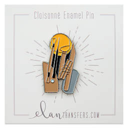 Elan Transfers Enamel Pin - Pottery Tools, pinned to front of packaging