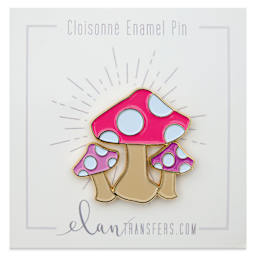 Elan Transfers Enamel Pin - Pink Mushrooms, pinned to front of packaging