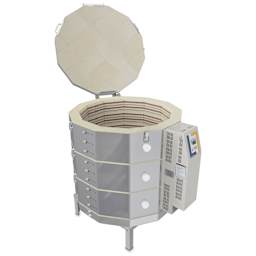 L&L eQuad Pro Production Kiln - eQ2827-3, Cone 10, 240V-1P, 62.3A, 28" Dia. x 27" D - angled view, left