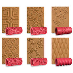 Amaco Clay Texture Rollers - Possible effects of 6 pc set shown on clay with corresponding sleeves
