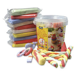 Pebeo Sidewalk Chalk Clay Pail - Multicolor twists of Chalk Clay shown with package, clay slabs