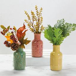 Mayco Earthenware Bisque Bud Vases - Green, Red, and Yellow glazed vases with Greenery