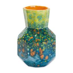 Mayco Earthenware Bisque Bud Vases - Front view of Blue, Green, and yellow Faceted Vase
