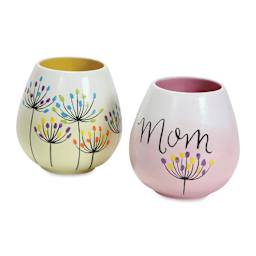 Mayco Earthenware Bisque Stemless Wine Tumbler - 2 glazed tumblers with flower motifs