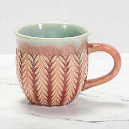 Mayco Earthenware Bisque Mugs - Stitched Mug finished with a peach pooling glaze
