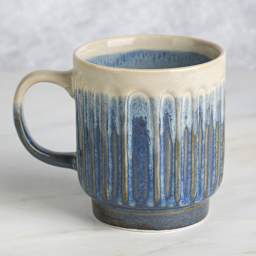 Mayco Stoneware Bisque Mugs - Fluted Mug finished product with dripping pattern