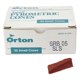 Orton Small Pyrometric Cones, Cone 05, Box of 50 - two cones shown in front of packaging