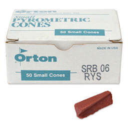 Orton Small Pyrometric Cones, Cone 05, Box of 50 - two cones shown in front of packaging
