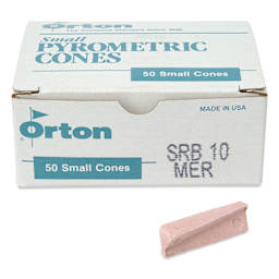 Orton Small Pyrometric Cones, Cone 10, Box of 50 - two cones shown in front of packaging