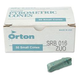 Orton Small Pyrometric Cones, Cone 016, Box of 50 - two cones shown in front of packaging
