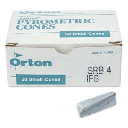 Orton Small Pyrometric Cones, Cone 4, Box of 50 - two cones shown in front of packaging