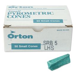 Orton Small Pyrometric Cones, Cone 5, Box of 50 - two cones shown in front of packaging