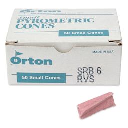 Orton Small Pyrometric Cones, Cone 6, Box of 50 - two cones shown in front of packaging