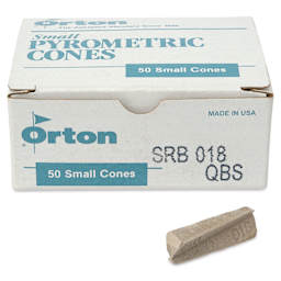 Orton Small Pyrometric Cones, Cone 018, Box of 50 - two cones shown in front of packaging