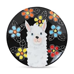 Mayco Earthenware Bisque -Coupe Dinner Plates with glazed image of a llama and flowers