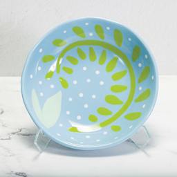 Mayco Earthenware Bisque Bowls - Top view of Cereal Bowl glazed in blue with green leaf decoration 
