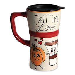 Mayco Earthenware Bisque Travel Mug with Lid - front view glazed with comical Fall motif