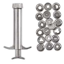 Sculpey Clay Extruder - Top view of Extruder with 19 different discs adjacent 
