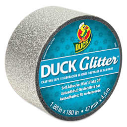 Duck Glitter Tape - 1.88" x 5 yds, Silver Glitter top of roll, angled view