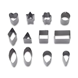 Sculpey Tools Mini Metal Clay Cutters - Slight angled view showing height of 12 cutters in 3 rows