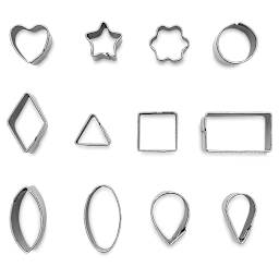 Sculpey Tools Mini Metal Clay Cutters - Top view of set of 12 cutters showing shapes