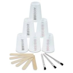 EnviroTex Mixing Cup Set - Components of set shown with 6 stacked cups, sticks and 3 brushes