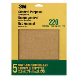 3M General Purpose Sandpaper - Pkg of 5, Very Fine, Grit 220-C, 9" x 11" front of packaging
