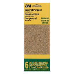 3M General Purpose Sandpaper - Pkg of 6, Assorted Grit, 3.6" x 9" front of packaging