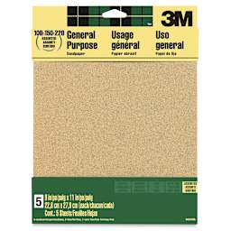 3M General Purpose Sandpaper - Pkg of 5, Assorted Grit, 9" x 11" front of packaging