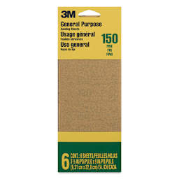 3M General Purpose Sandpaper - Pkg of 6, Fine, Grit 150-C, 3.6" x 9" front of packaging