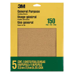 3M General Purpose Sandpaper - Pkg of 5, Fine, Grit 150-C, 9" x 11" front of packaging